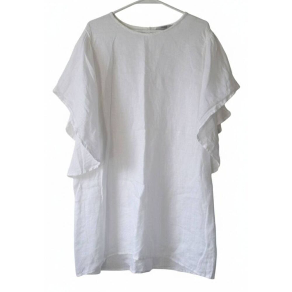 Isabel womens large 100% linen dress pure true white flutter sleeve lagenlook